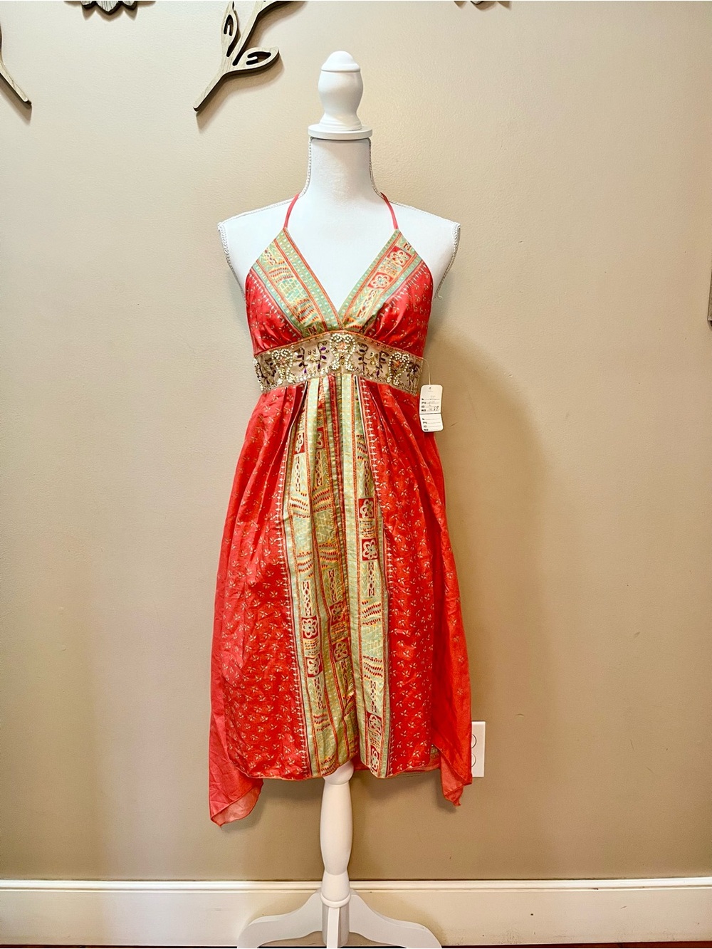 NWT Coral Halter Boho Sundress with Sequined Embellished Waist Size Medium